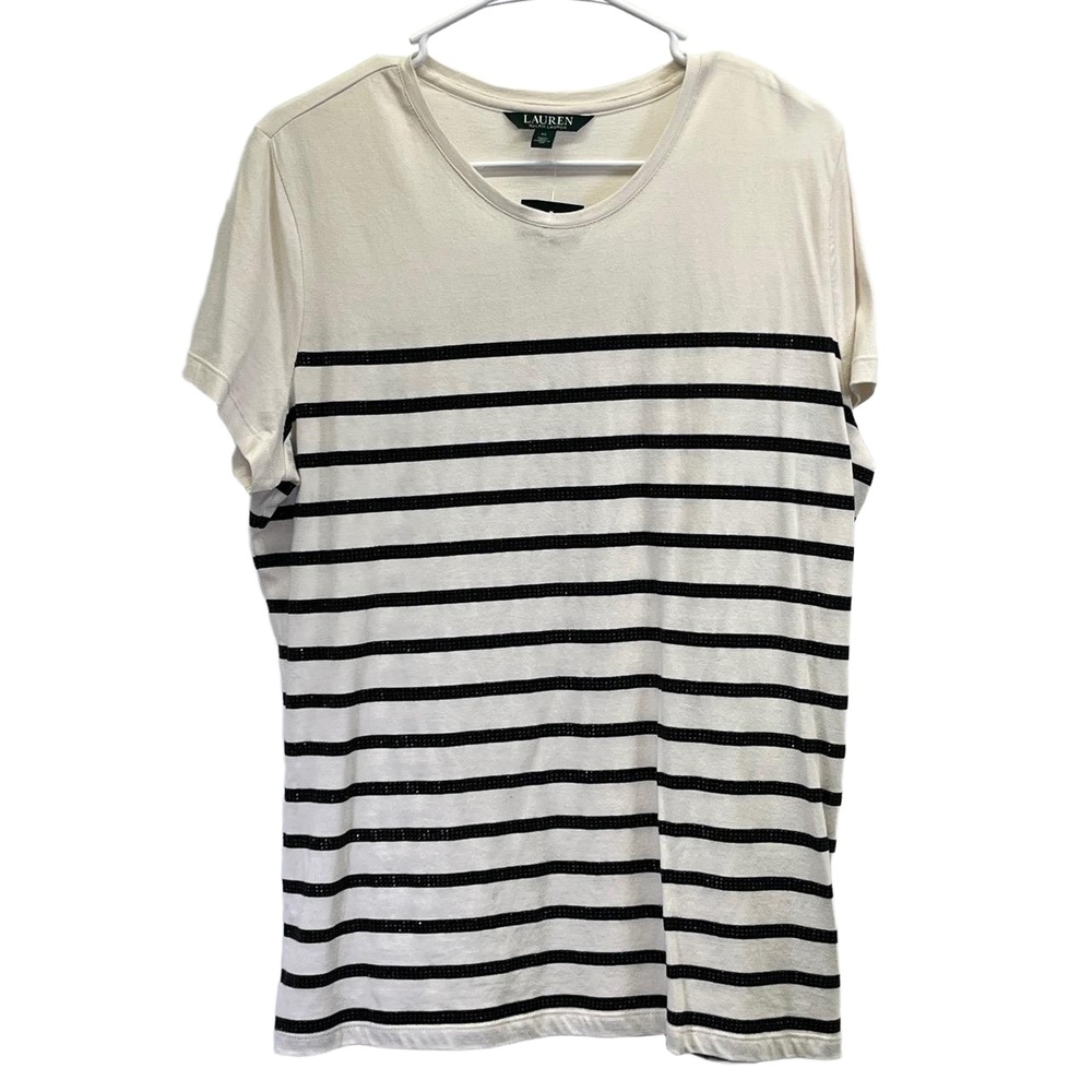 NWT Lauren Ralph Lauren Cream White Women's Beaded Striped Crew Neck Top XL
